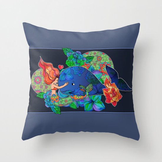 The Mermaid and the Whale Throw Pillow