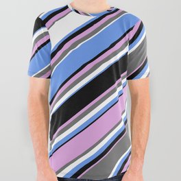 [ Thumbnail: Eye-catching Cornflower Blue, Black, Plum, Dim Grey, and White Colored Lined Pattern All Over Graphic Tee ]