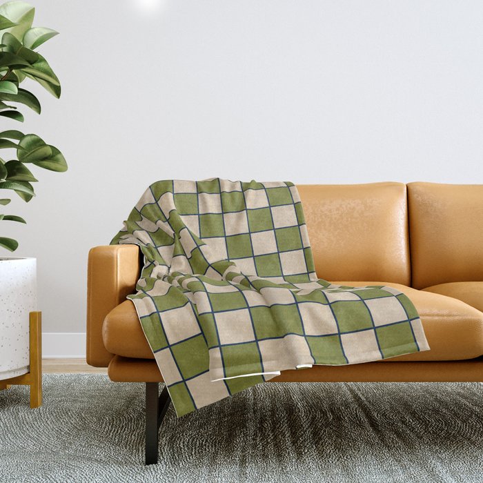 Retro Check Grid Pattern in Midcentury Modern Olive Green Navy Blue Beige Throw Blanket