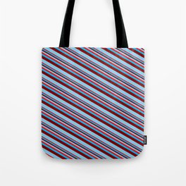 [ Thumbnail: Red, Deep Sky Blue, Maroon & Sky Blue Colored Lined/Striped Pattern Tote Bag ]