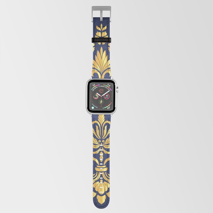 Navy Blue & Gold Damask Flower Pattern Apple Watch Band