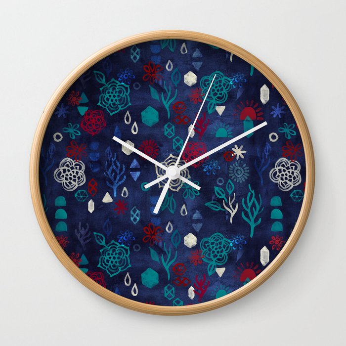 Elements - a watercolor pattern in red, cream & navy blue Wall Clock