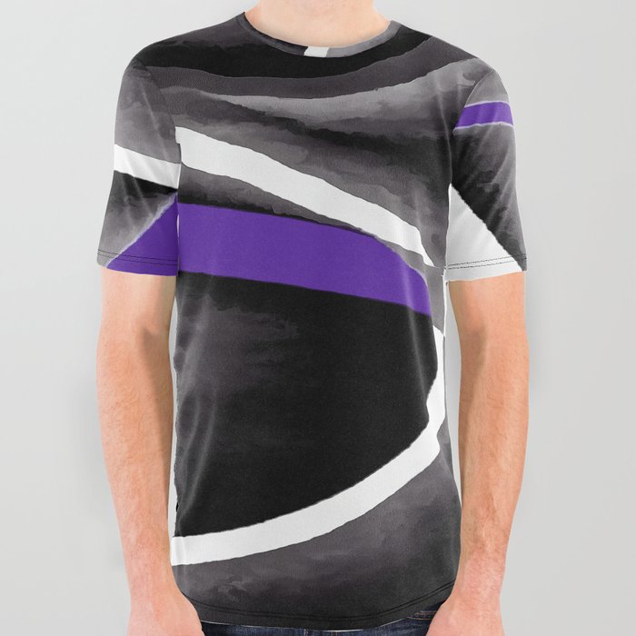 Eighties Violet White Grey Line Curve Pattern On Black All Over Graphic Tee
