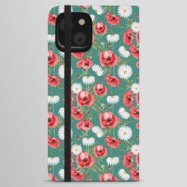 Daisy and Poppy Seamless Pattern on Green Blue Background iPhone Wallet Case