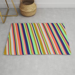 [ Thumbnail: Midnight Blue, Red, Light Grey, Dark Goldenrod & Light Green Colored Lined/Striped Pattern Rug ]