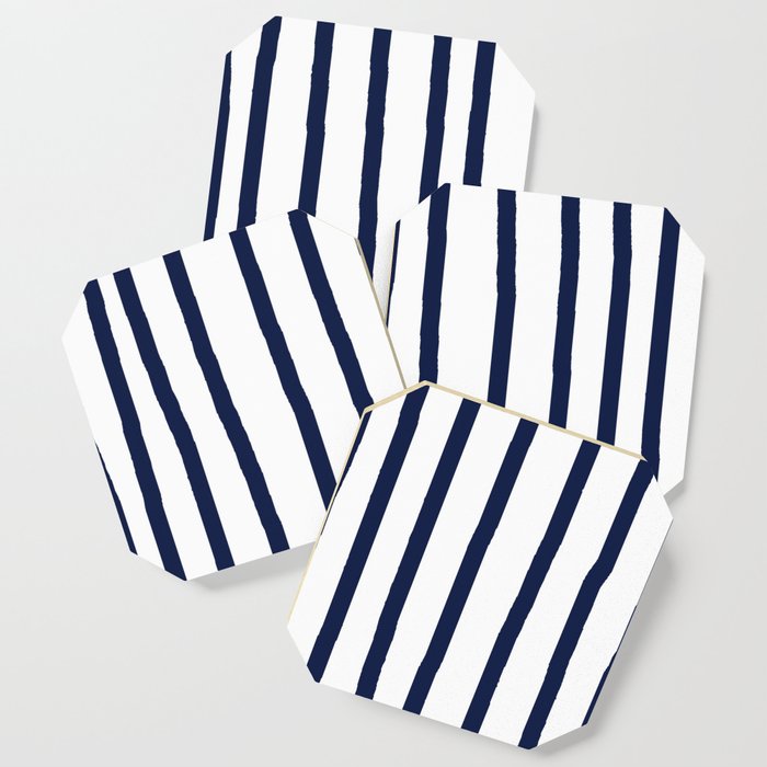 Simply Drawn Vertical Stripes Nautical Navy Blue on White Coaster