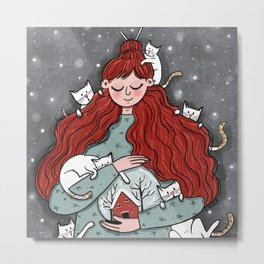 Cat Mom Metal Print | Portrait, Digital, Drawing, Snow, Cat, Illustration, Animal, Pet 