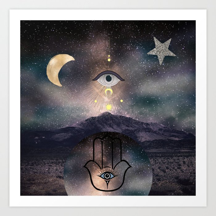 Spiritual Starry Sky Gold Moon Hamsa Celestial Landscape Art Print