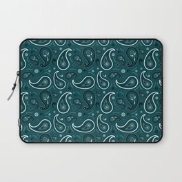 Black and White Paisley Pattern on Teal Blue Background Laptop Sleeve