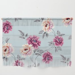 violet and yellow flowers with leaves pattern on blue background Wall Hanging