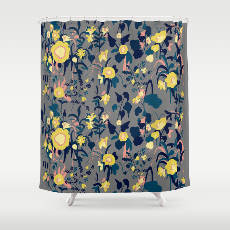 Buttercup Yellow Salmon Pink And Navy Blue Flowers On Gray