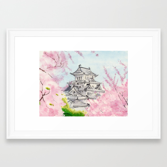 Himeji Castle Art Watercolor Painting Print By Suisai Genki Cherry Blossom Japanese Castle Framed Art Print By Suisaigenki Society6