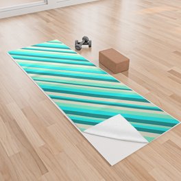 [ Thumbnail: Aquamarine, Cyan, Dark Cyan, and Beige Colored Lined/Striped Pattern Yoga Towel ]