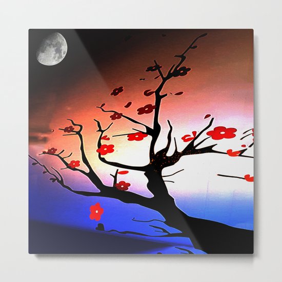 Japanese Maple Under Night Sky With Moon Metal Print