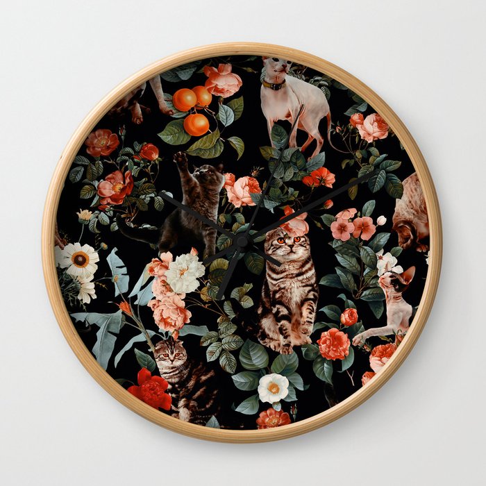 Cat And Floral Pattern Ii Wall Clock By Burcu Korkmazyurek Society6