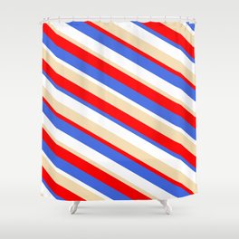 [ Thumbnail: Red, Royal Blue, White & Tan Colored Lined Pattern Shower Curtain ]