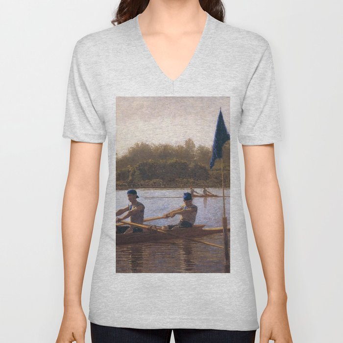 Boston's Head of the Charles River Regatta crew rowing racing boats landscape masterpiece by Thomas Eakins Boston's Head of the Charles Regatta V Neck T Shirt