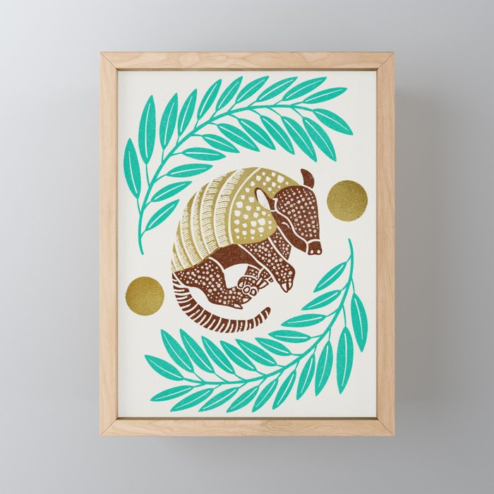 Sleepy Armadillo – Turquoise and Gold Framed Mini Art Print