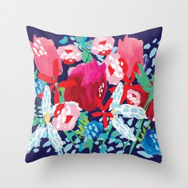 SUMMER FLOWER BOUQUET - INDIGO BACKGROUND By Lola Lombard Throw Pillow