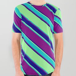 [ Thumbnail: Green, Dark Turquoise, Purple, and Dark Blue Colored Striped Pattern All Over Graphic Tee ]