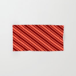 [ Thumbnail: Red and Maroon Colored Stripes/Lines Pattern Hand & Bath Towel ]