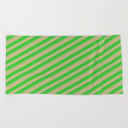 [ Thumbnail: Tan and Lime Green Colored Lines/Stripes Pattern Beach Towel ]