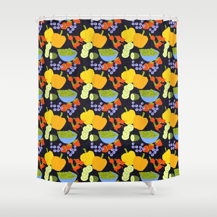 Retro Modern Fruits and Vegetables Indigo Blue Shower Curtain