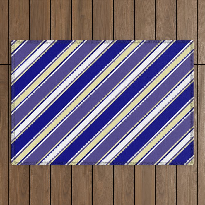 Dark Slate Blue, Pale Goldenrod, Blue & White Colored Lines Pattern Outdoor Rug