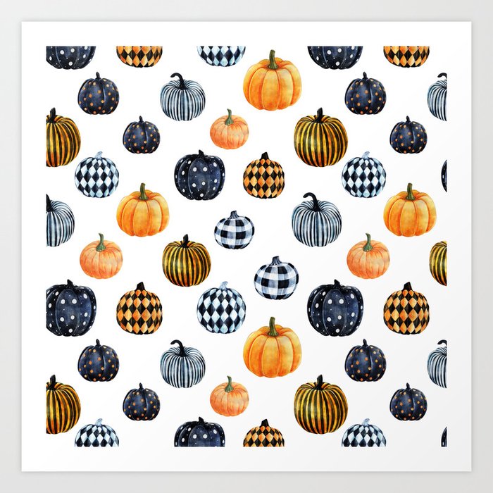 Watercolor Pumpkins -  pumpkin pattern, plaid, dots, pattern, buffalo plaid,  Art Print
