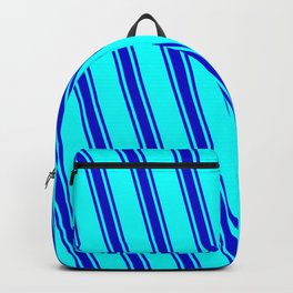 [ Thumbnail: Cyan & Blue Colored Lined/Striped Pattern Backpack ]
