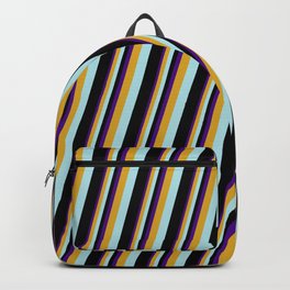 [ Thumbnail: Indigo, Goldenrod, Powder Blue & Black Colored Lines Pattern Backpack ]