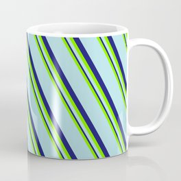 [ Thumbnail: Green, Powder Blue, and Midnight Blue Colored Pattern of Stripes Coffee Mug ]