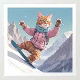 Alpine Snowboarding Feat of a Fearless Feline Art Print