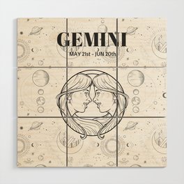 Gemini Star Sign (Black and White) Wood Wall Art