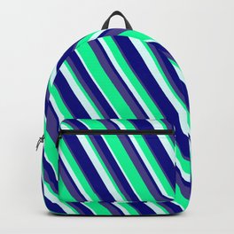[ Thumbnail: Green, Light Cyan, Blue & Dark Slate Blue Colored Lines/Stripes Pattern Backpack ]