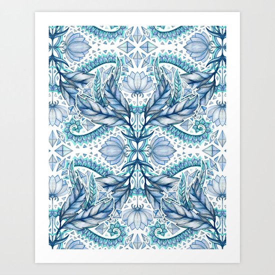 Lily, Leaf & Triangle Pattern – blues Art Print