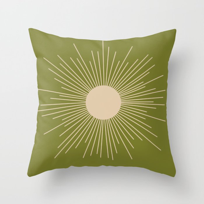 Mid-Century Modern Sunburst - Minimalist Sun in Mid Mod Beige and Olive Green Throw Pillow