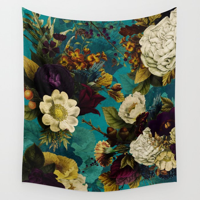 Before Midnight Blue Hour Vintage Fall Flowers Garden Wall Tapestry