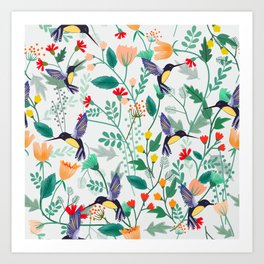 Hummingbirds and Summer Flowers Art Print