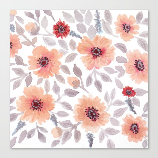 Watercolor . Salmon flowers . Canvas Print