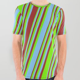 [ Thumbnail: Light Sky Blue, Brown, and Green Colored Striped/Lined Pattern All Over Graphic Tee ]