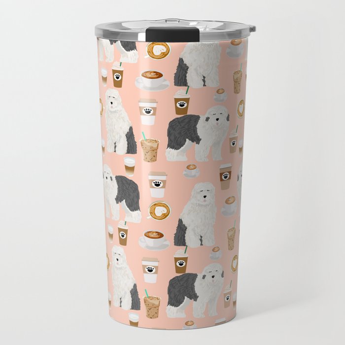 Old English Sheepdog gifts for dog lover with dog breed pet portraits by pet friendly Travel Mug