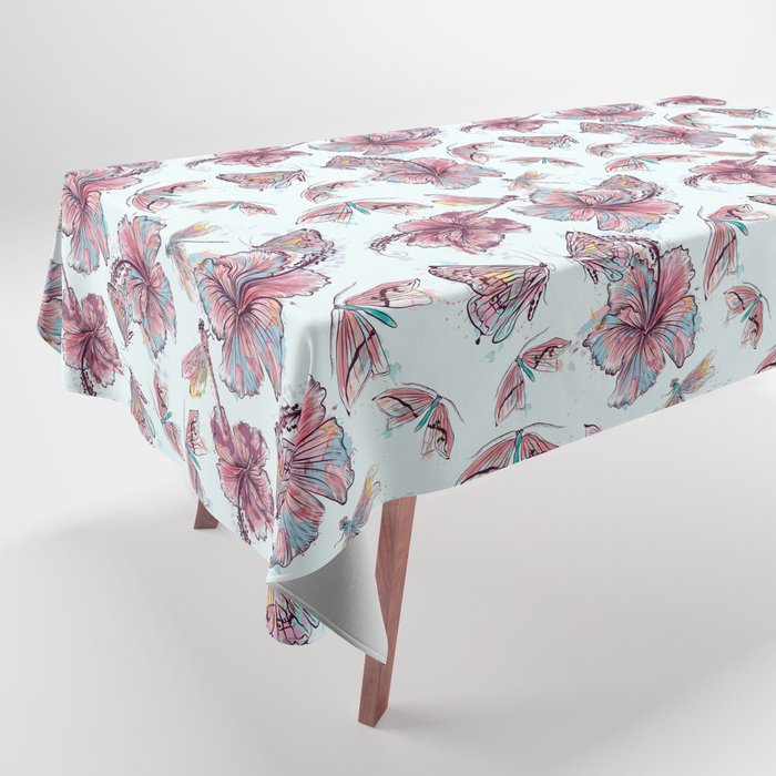 floral pattern, hibiscus flowers and dragonflies Tablecloth