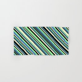 [ Thumbnail: Colorful Green, Blue, Dark Slate Gray, Light Yellow, and Black Colored Stripes/Lines Pattern Hand & Bath Towel ]