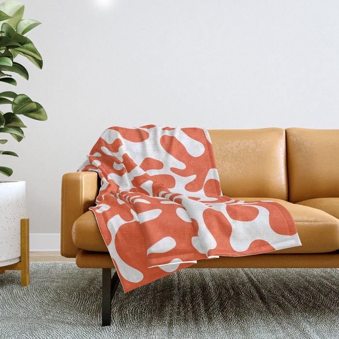 Vibrant orange Matisse cut outs seaweed pattern on white background Throw Blanket