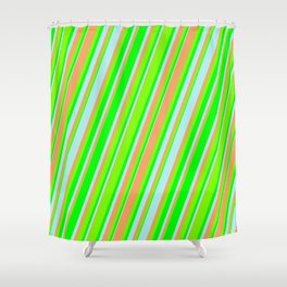 [ Thumbnail: Turquoise, Brown, Green, and Lime Colored Lines Pattern Shower Curtain ]