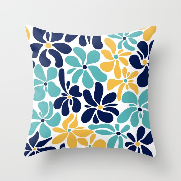 Abstract Flower, Yellow, Navy, Teal Throw Pillow