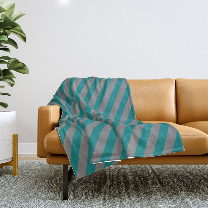 Grey and Teal Colored Lined Pattern Throw Blanket