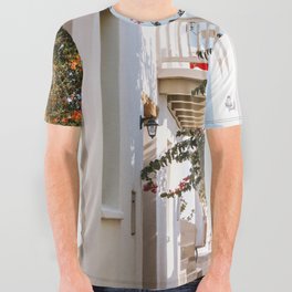 Small Greek Street | Flower Filled Mediterranean Ally | Travel Photography on the Islands of Greece All Over Graphic Tee