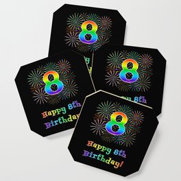 [ Thumbnail: 8th Birthday - Fun Rainbow Spectrum Gradient Pattern Text, Bursting Fireworks Inspired Background Coaster ]